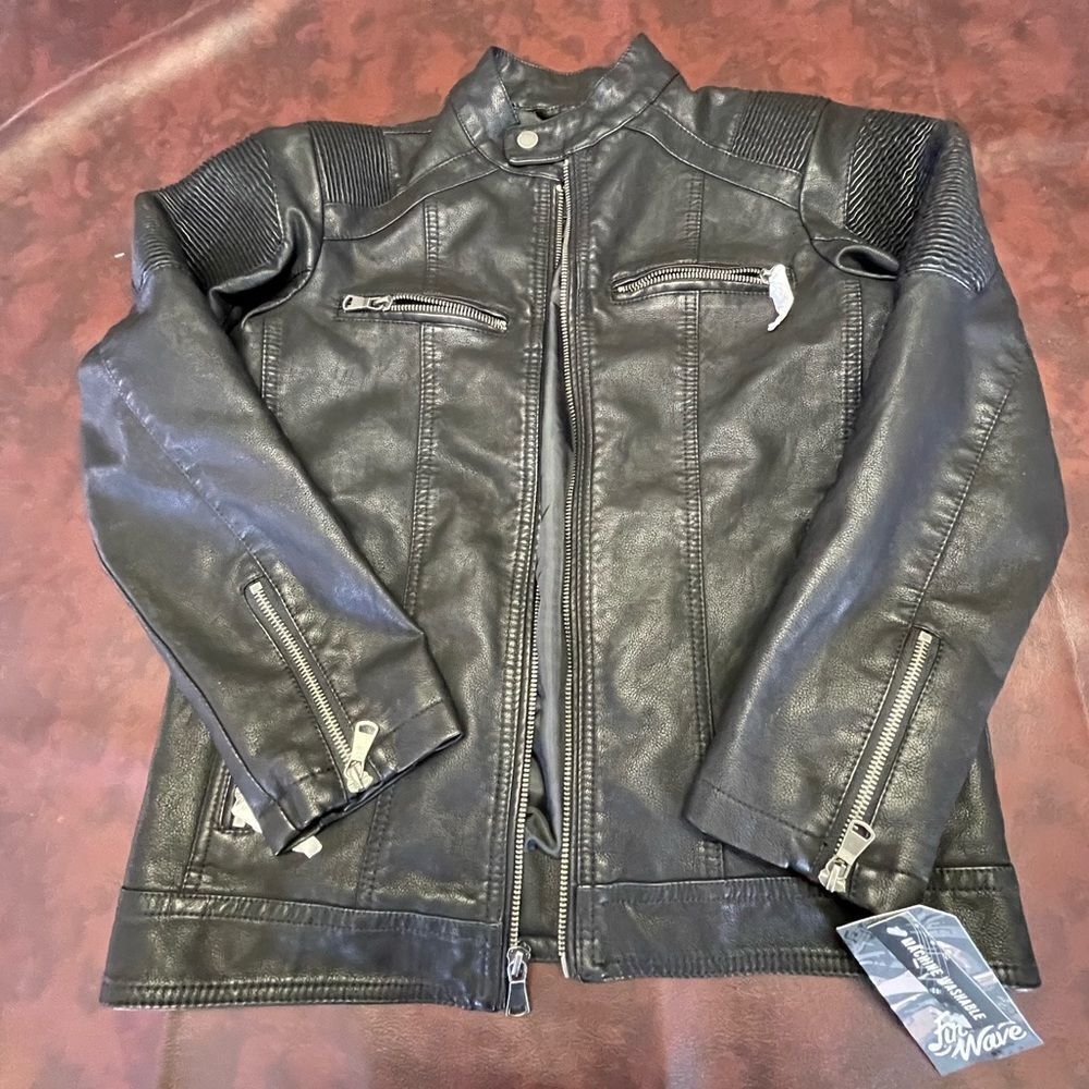 First Wave black faux leather moto jacket, zip front, size 8 new with tags